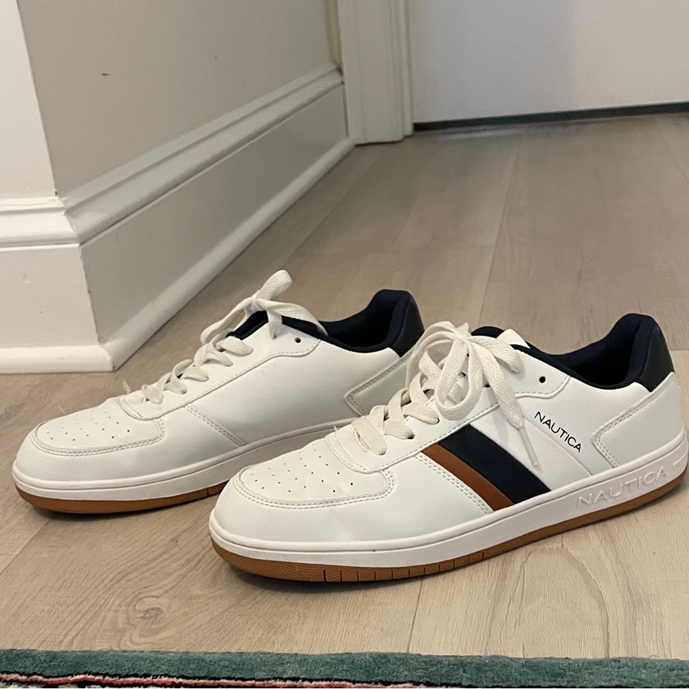 Nautica Boy’s/Men's White Sneakers with Brown and Navy Accents